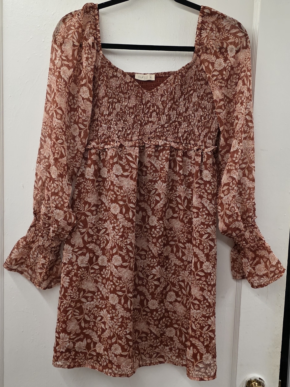 Illa Illa Floral Smocked Mini Dress M Rust Brown Cottagecore Boho